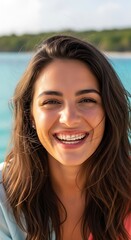 Radiant Smile - A Young Womans Joyful Moment by the Sea.