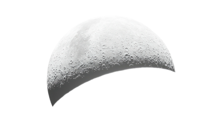 Crescent moon in deep space with craters and varying shades of gray