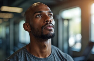 Fit young man rests, sweats after intense gym workout. Looks up, contemplating future goals. Athletic Black male trains hard in modern health club. Sporty person takes well-deserved break to recover