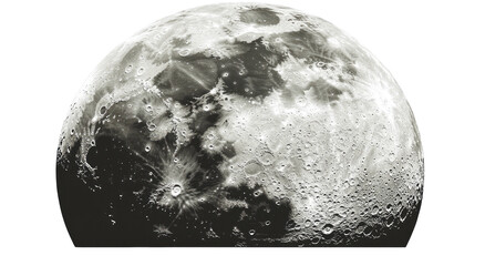 Detailed, textured moon surface with craters in grayscale against black