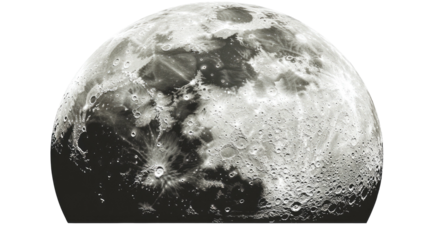 Detailed, textured moon surface with craters in grayscale against black