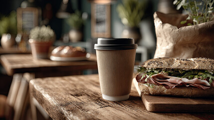 Fresh sandwich with turkey, lettuce, and seeds wrapped in paper next to takeaway coffee cup on rustic wooden table inside cozy coffee shop