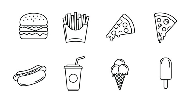 Line art illustrations of various fast food and sweet treats displayed