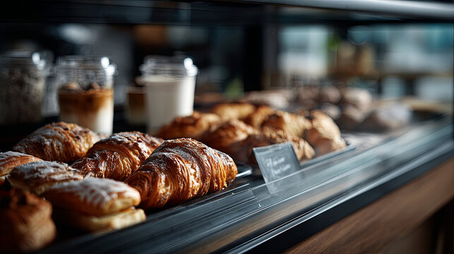 Freshly baked croissants and pastries displayed in a modern coffee shop glass counter with blurred background and takeaway coffee cups in soft daylight