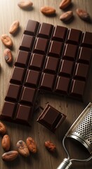 Dark Chocolate Bar with Cocoa Beans on Wooden Surface.