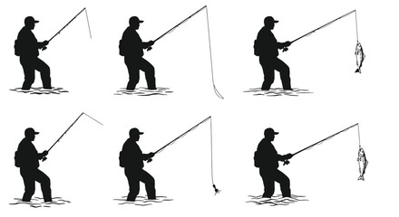 Obraz premium Silhouette series of a fisherman casting and reeling in a fish
