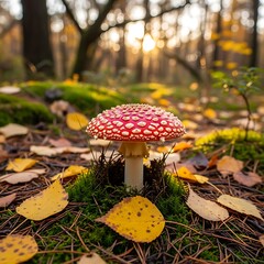 Amanita Muscaria Mushroom in Autumn Forest Sunlight.