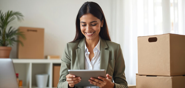 Smiling woman works with tablet in office. She manages inventory in cardboard boxes for her online shop. Entrepreneur uses tech for logistics, orders and e-business operations.