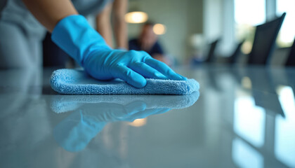 Hand in blue glove wipes office table surface with microfiber cloth. Person cleans meeting room table. Hygiene care for clean desk in office workspace.