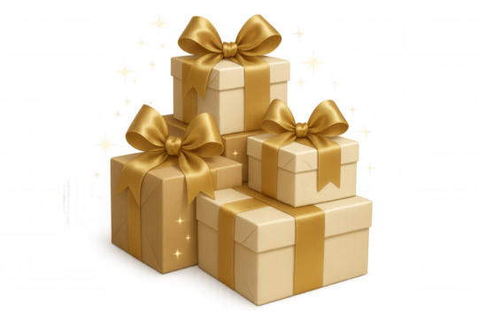 Stack of gold gift boxes with bows and ribbons, celebrating special occasion, surprise, luxury on transparent background