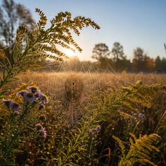 Dew-Kissed Spiderweb - A Glimpse of Natures Intricate Artistry.