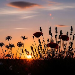 Silhouette of flowers at sunset with a beautiful orange sky.