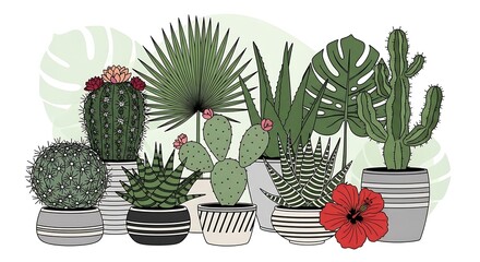 Diverse Cactus and Succulent Collection in Pots with Floral Accents.