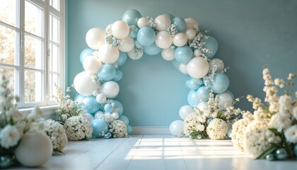 Elegant balloon arch in light blue, white decorates indoor event space. White flowers complement festive balloons. Bright sunlight streams through large window, illuminating party backdrop. Pretty