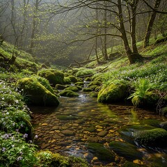 Tranquil Stream Flowing Through a Lush Green Forest Landscape.