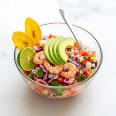Refreshing Shrimp Ceviche Bowl with Avocado and Plantain Chips.
