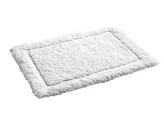 Rectangular, fluffy white bath mat with a subtle border on a dark backdrop