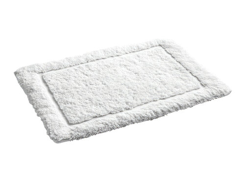 Rectangular, fluffy white bath mat with a subtle border on a dark backdrop