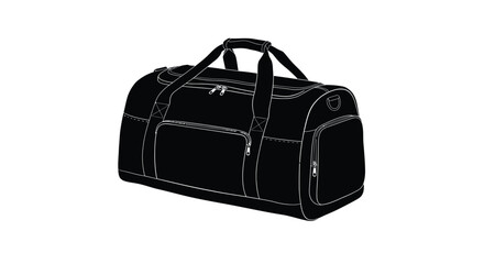 Black duffel bag illustration with side pockets and carrying handles shown