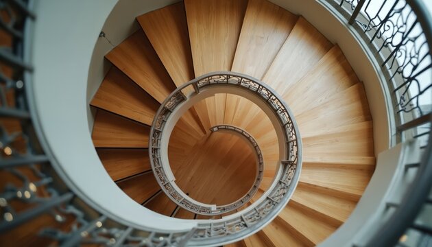 Spiral staircase viewed from above with elegant design, modern architecture. Staircase has wooden steps, metal railing with decorative pattern. It is indoor structure with white walls, light wood.