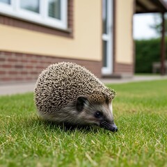 Hedgehog Foraging on Green Lawn in Residential Area.