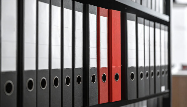 A row of organized binders on a shelf, with one red binder standing out. A display of business file.