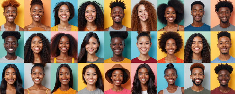 Collage of diverse people smiling, unique hairstyles, fashion. Portraits highlight individuality, cultural expression, modern style trends. Faces represent varied ethnicities, positive moods in