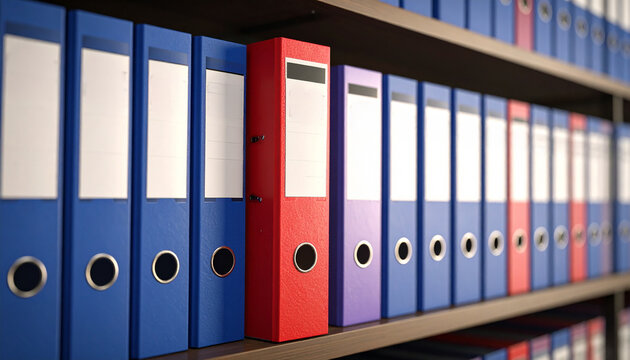 A collection of neatly arranged file folders on a shelf, with a standout red binder