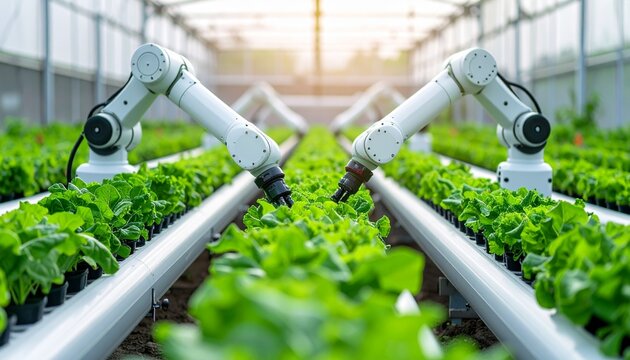 Robotic arms tending to lush, vibrant plants in a modern greenhouse environment, symbolizing innovation and automation - Powered by Adobe