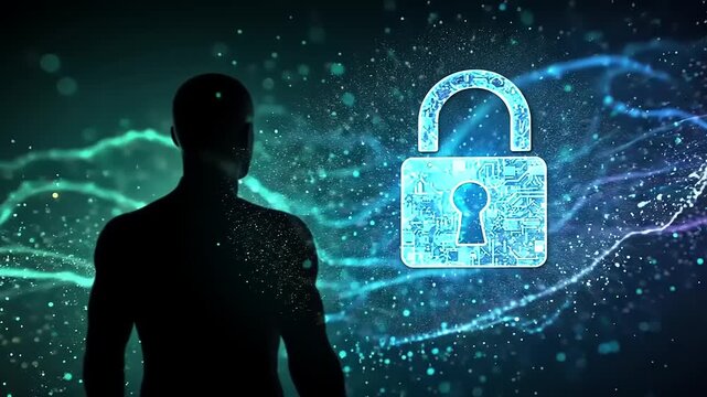 Silhouette of a person with digital lock symbol