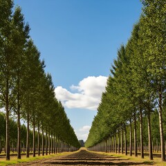 Symmetrical Rows of Trees Under a Bright Blue Sky with Clouds.