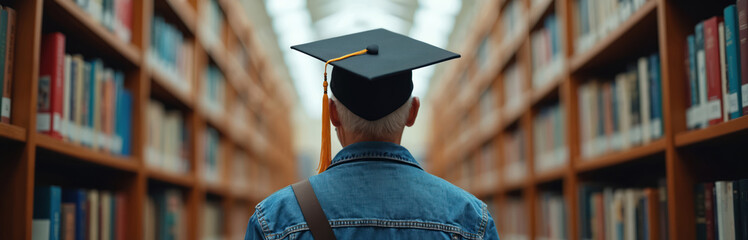 Senior man wears graduation cap walks in library among bookshelves. He pursues education later in life, showing dedication and ambition for personal growth and career advancement.