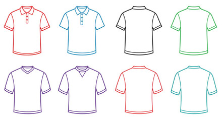 Naklejka premium Illustrations of colorful t shirts and polo shirts in outline style