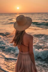 A woman in a flowy dress and straw hat stands on the beach, gazing at the golden sunset over the ocean. The scene captures tranquility, freedom, and summer elegance. Ideal for travel blogs, resort.