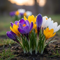 Colorful Crocus Flowers Blooming in Spring Garden.