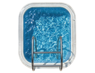 Top view of a square pool with clear blue water and a ladder