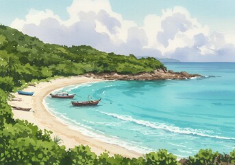 Obraz premium Tropical Paradise Bay Watercolor Painting with Turquoise Water and Traditional Boats