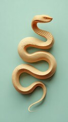 Fototapeta premium Wooden Snake Sculpture on a Light Blue Background.