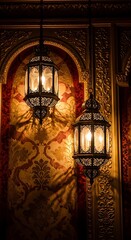 Ornate Lanterns Illuminating a Decorative Wall in Morocco.
