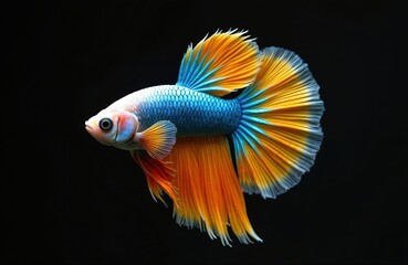 Fototapeta premium Betta fish with bright blue and orange fins swims in dark water. This vibrant aquatic creature displays its colorful caudal and dorsal fins. The Siamese fighting fish has a striking appearance.