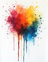 Fototapeta premium Abstract watercolor painting with colorful drips and splatters. Vibrant hues blend together in a dynamic artistic expression. Rainbow colors flow down on a white background.