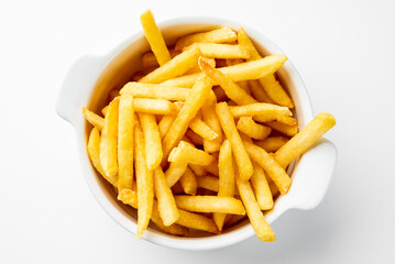 Crispy golden French fries in a white bowl on a clean white background. Classic fast food snack, appetizing and freshly cooked, ideal for menu, advertising, or lifestyle content.