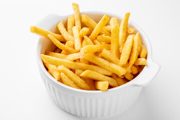Crispy golden French fries in a white bowl on a clean white background. Classic fast food snack, appetizing and freshly cooked, ideal for menu, advertising, or lifestyle content.