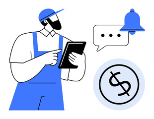 Worker in blue uniform holding tablet, pointing at screen, with notification bell, chat bubble, and money icon. Ideal for workflow management, remote work, business operations, financial tracking