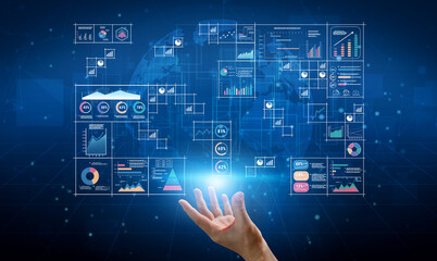 A big data visualization and business analytics dashboard grid. A complex collection of charts and graphs for comprehensive company reporting. Motif