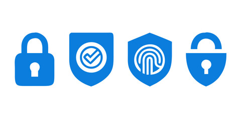 Four blue security icons representing padlock, checkmark shield, fingerprint shield, and another padlock for protection