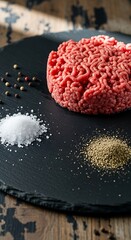 Ground Beef with Spices on a Black Plate.