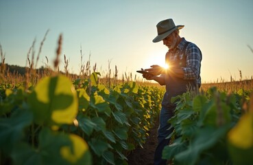 Senior farmer stands in soybean field with tablet, inspecting crops at sunset. Experienced agronomist uses tech for organic farming, checking plant growth before harvest.