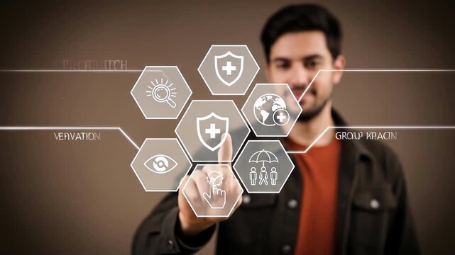A man interacts with digital icons hovering in the air Symbols suggest safety security and interconnectedness within a technological environment