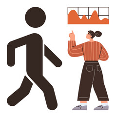 Woman gesturing at data chart with rising and falling curves, alongside a walking figure symbolizing movement. Ideal for analytics, progress tracking, motion, growth potential, business planning